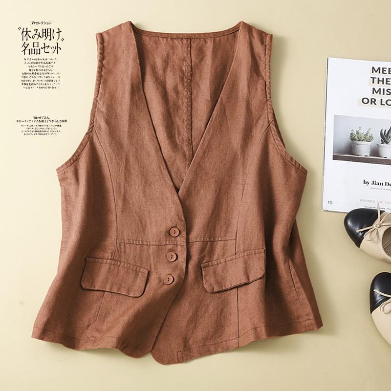 Vintage Vest Summer Deep V-Neck Solid Casual Sleeveless Tank Tops Cotton Linen Thin Outerwear Vest Coat