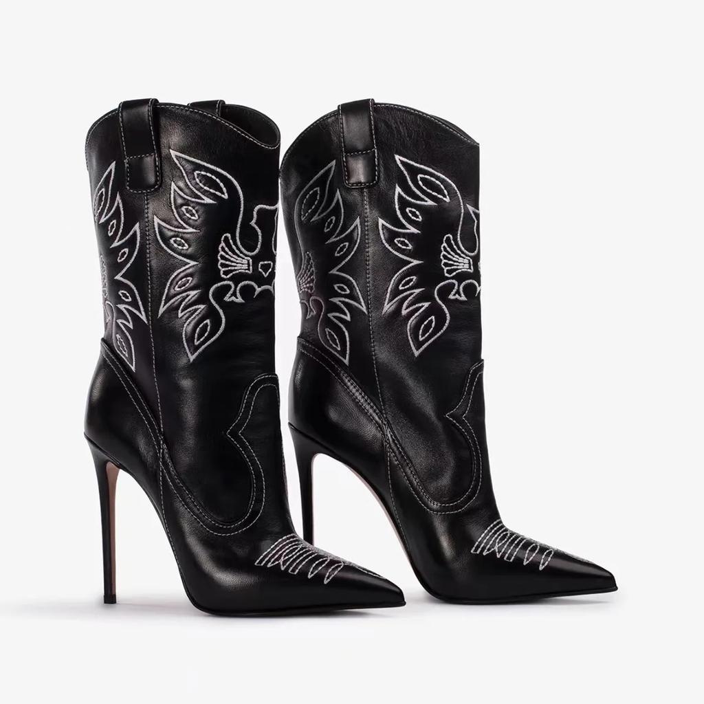 Women's Western Cowboy Stiletto Boots - Embroidered Pointed Toe, Sexy Knight Ankle Chic Footwear