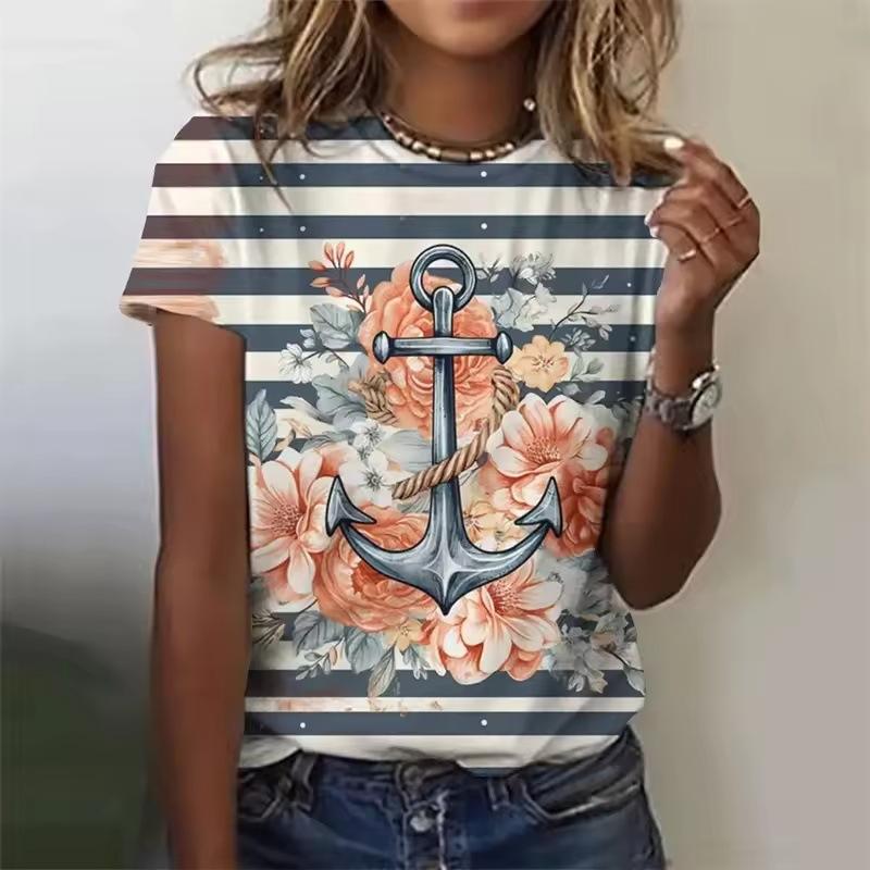 Summer Round Neck 3D Flower Boat Anchor Print Top Fashionable Casual Short Sleeved Women's T-shirts