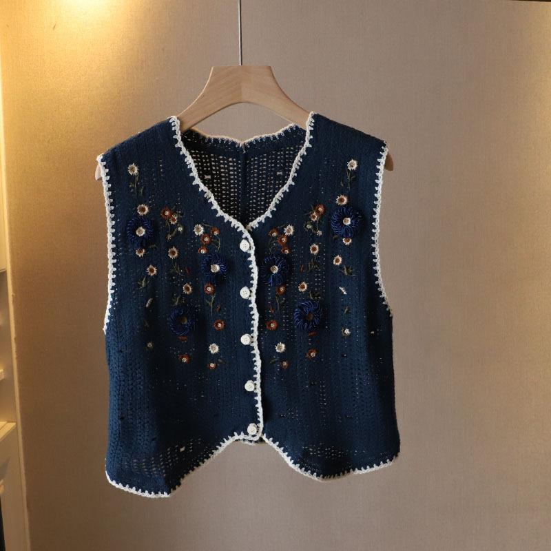 Spring Korean Style Women's Forest Style Three-dimensional Small Flower Embroidery Vest Knitted Cardigan