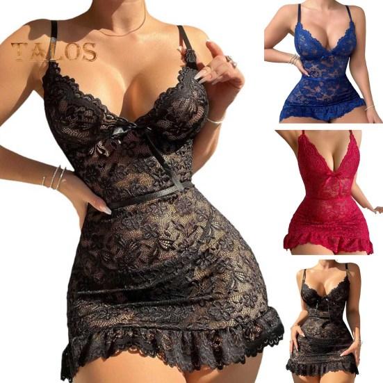 Dámská noční košile s výstřihem do V květinová výšivka bez rukávů Slim Fit noční košile s volánky Průhledná svůdná noční košile do ložnice