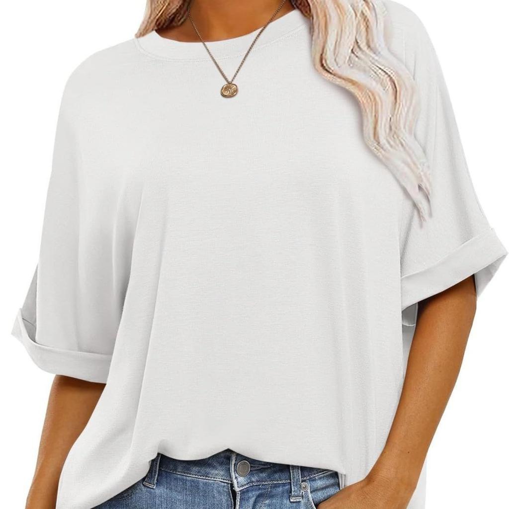 Women's Crew Neck Short Sleeve Loose Fit Tunic Top Solid Color Casual Tee Blouse