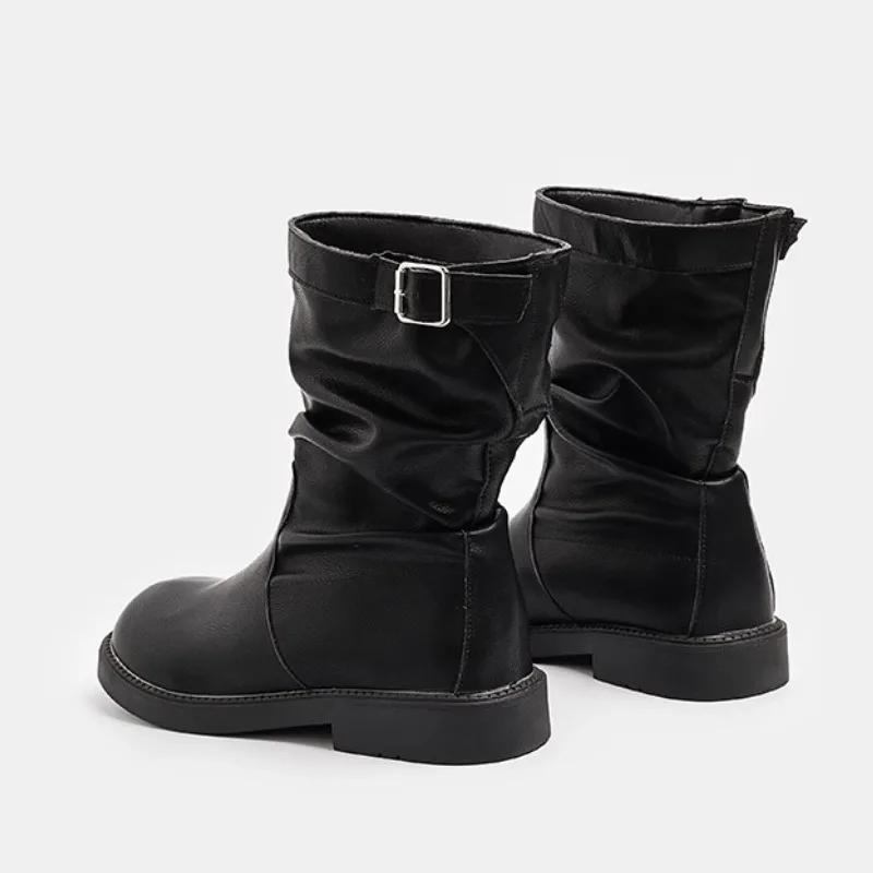 Mode 2024 Heißer Verkauf Schuhe für Damen Schnalle Damenstiefel Herbst Winter Runde Zehe Warm Einfarbig Mittelhochschaft Niedrig Absatz Modestiefel