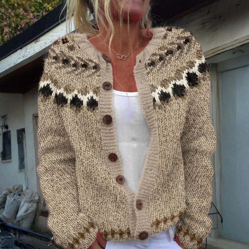 Fair Isle Strickjacken für Damen Rundhalsweite Locker Geschnitten Knopfleiste Grobstrickpullover Offen Vorne Lässige Herbst Strickjacke
