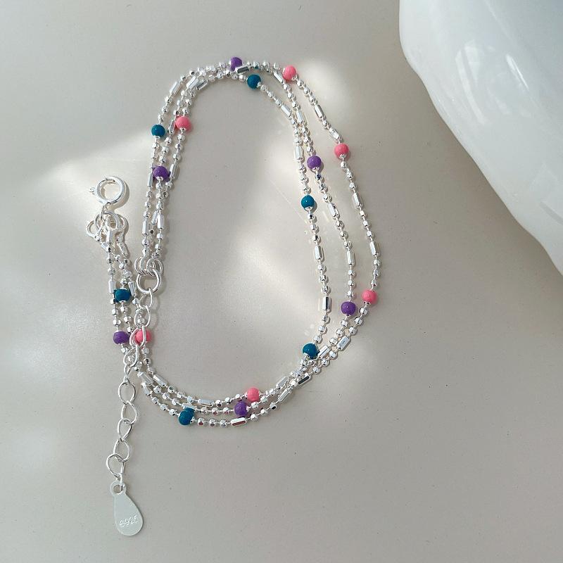 925 Silver Multicolour Bead Bracelet For Women Three Layers Geometry Drip Glaze Versatile Jewelry Dropship