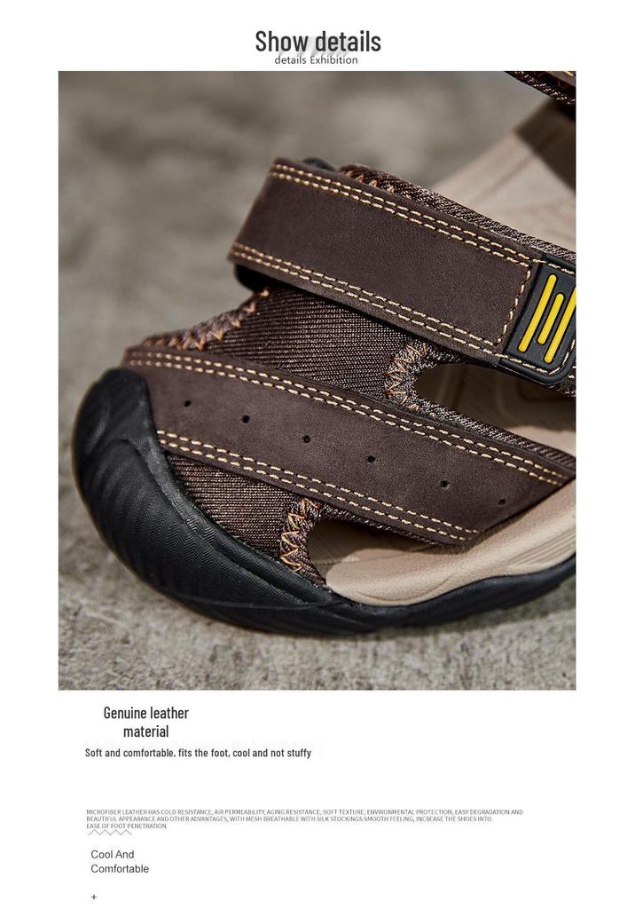 2023 Men's Plus Size Open Toe Cowhide Hand-stitched Casual Beach Sandals