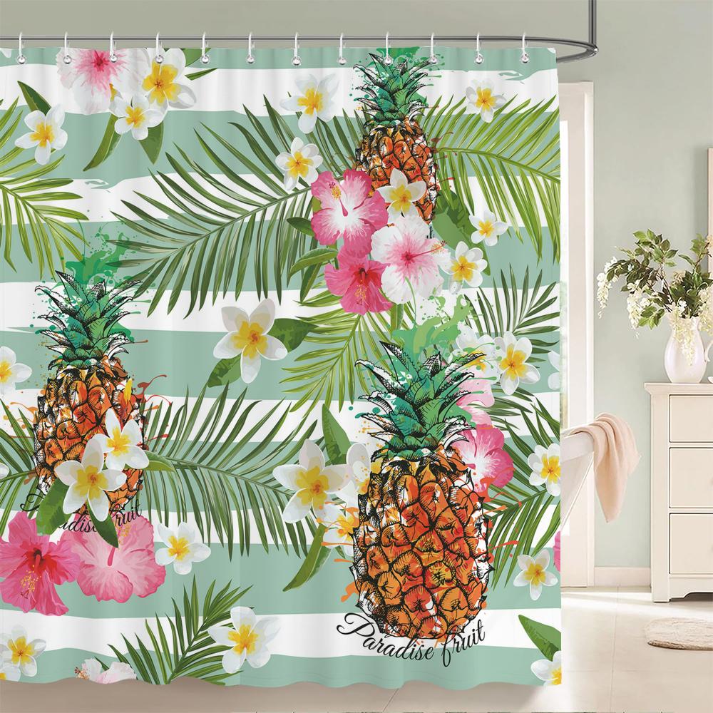 Fresh Pineapple Flower Tropical Green Plants Shower Curtain 3D Bath Screen Waterproof Fabric Bathroom Decoration Shower Curtains