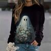 Halloween Ghost Pattern T-shirt, Fashionable Casual Women's Long-sleeved Top