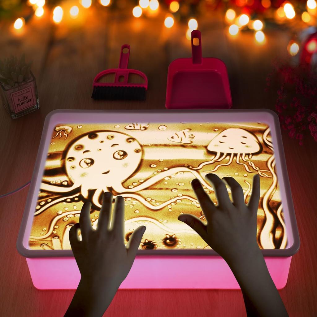 Glow-in-the-Dark Sand Art Kit for Kids, 7-Color Adjustable LED Light Box, Creative Drawing Toy, 40x28x9cm