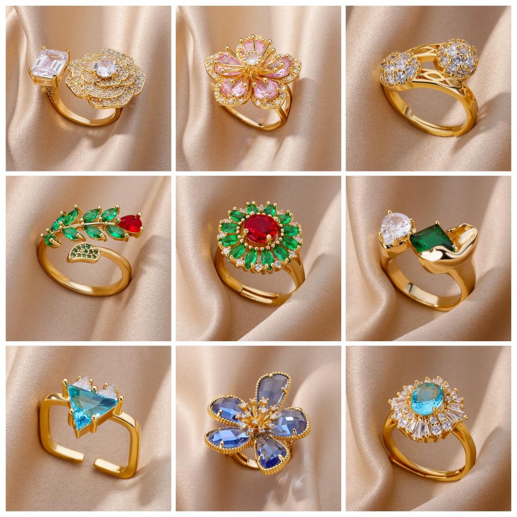 Stainless Steel Blue Zircon Flower Ring For Women Open Adjustable Flower Ring Wedding Aesthetic Jewelry Gift bijoux femme