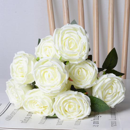 10 Heads Artificial Rose Flower Realistic Faux Silk Long Stem Rose Bouquet with Leaf for Home Kitchen Office Wedding Party Decoration