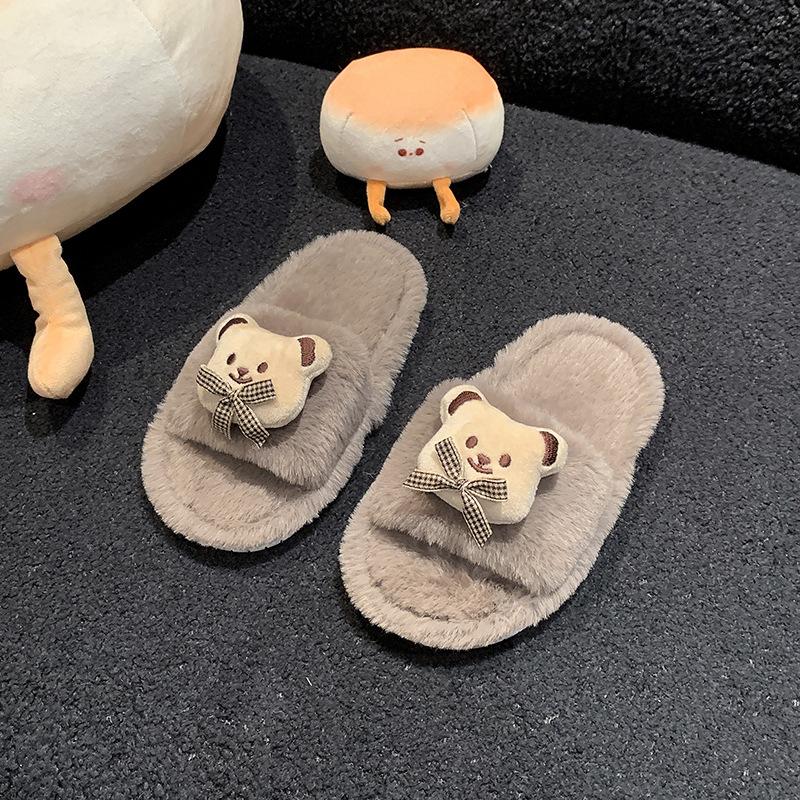 

Children s cotton slippers, new winter model for girls, indoor casual cartoon bear non-slip furry slide slippers 26-27Code хаки