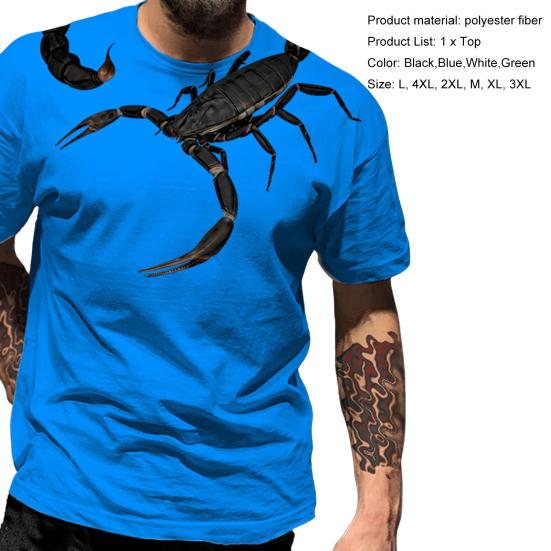 Men T-shirt O Neck Breathable Easy to Match Mighty 3D Print Short Sleeves Pullover Scorpion Print Contrast Color Summer Tops Daily Clothes
