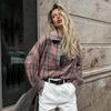 American College Style Pink Plaid Shirt 1116 Autumn Fashion Outer with Cotton Women's Shirt Medium and Long Women's Clothing