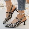 Fashion Leopard Heeled  Women Sandals Sexy Mid Heels Shoes Summer Trend 2025 Fad Pointed Toe Shallow Pumps Stilettos Buckle Ladies Shoes