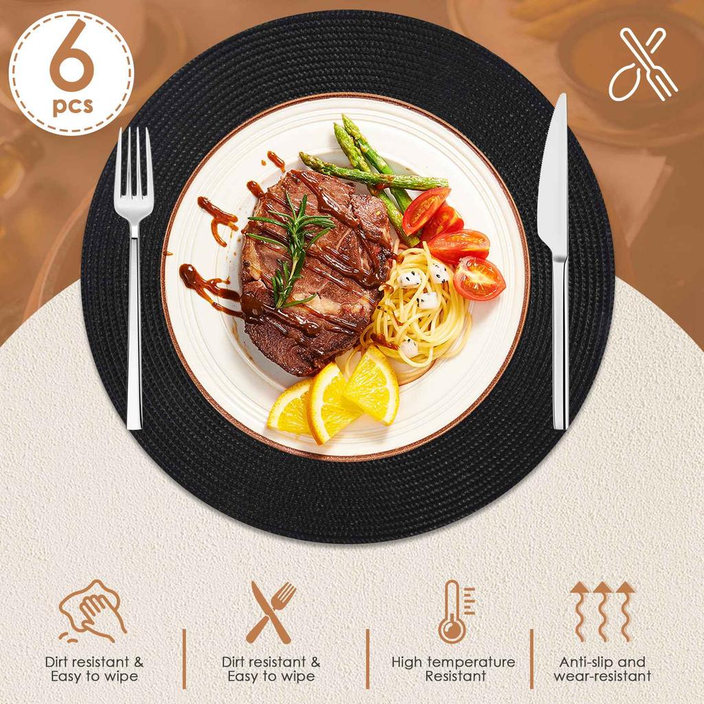 M-Modern-Round Braided Placemats Set Of 6 Table Mats For Dining Tables Woven Washable Non-Slip Place Mats 15 Inch Halloween Blac
