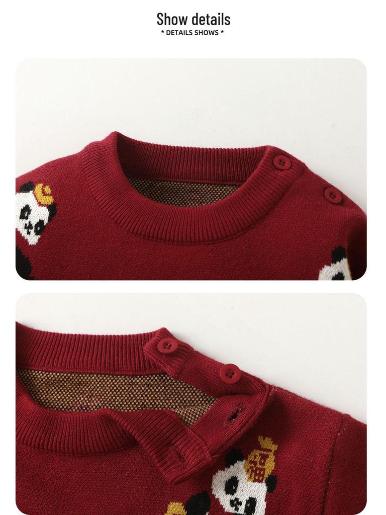 Kaka Panda Boys' New Year Sweater & Fleece-Lined Overalls Set - Trendy Children's Winter Outfit