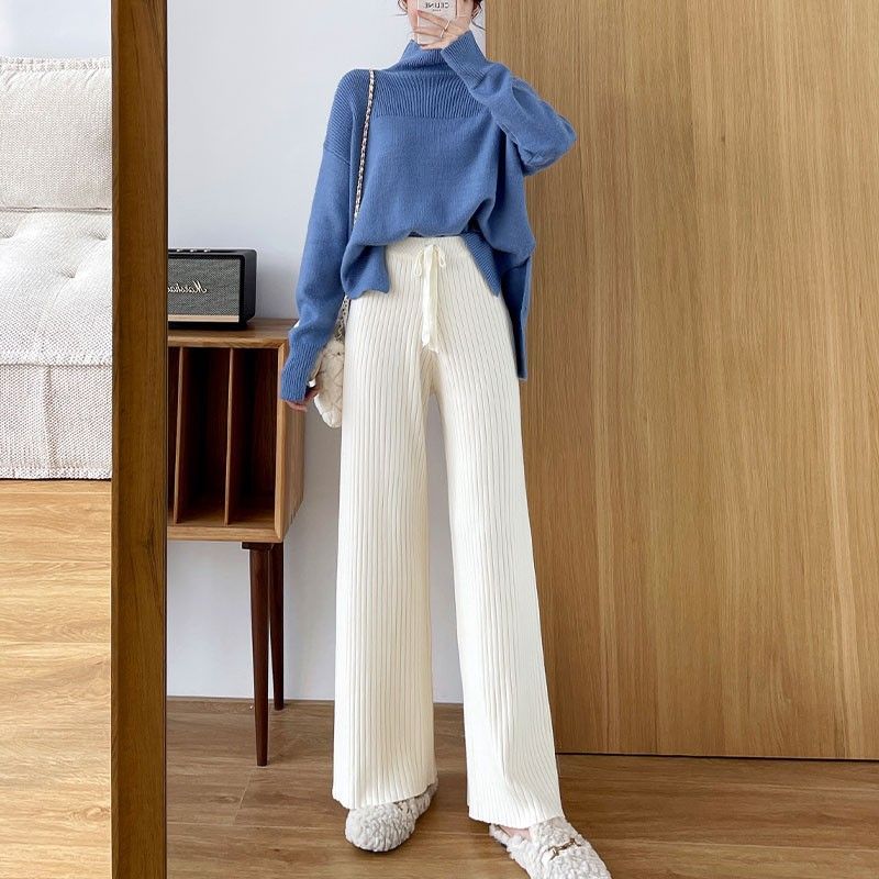 Thickened Pit Strip Pink Wide-leg Pants for Women in Autumn and Winter Elastic Loose Slim Casual Pants