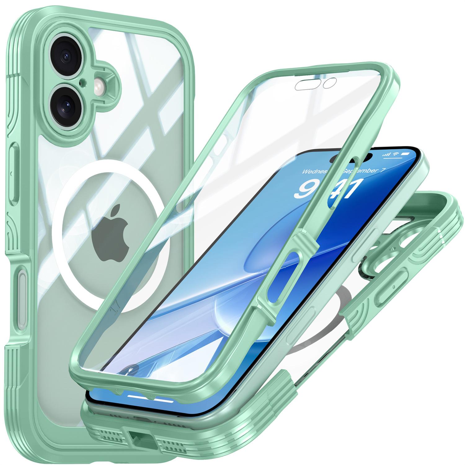 

For iPhone 17 Magnetic Case PC+TPU Phone Cover with Tempered Glass Screen Film Green