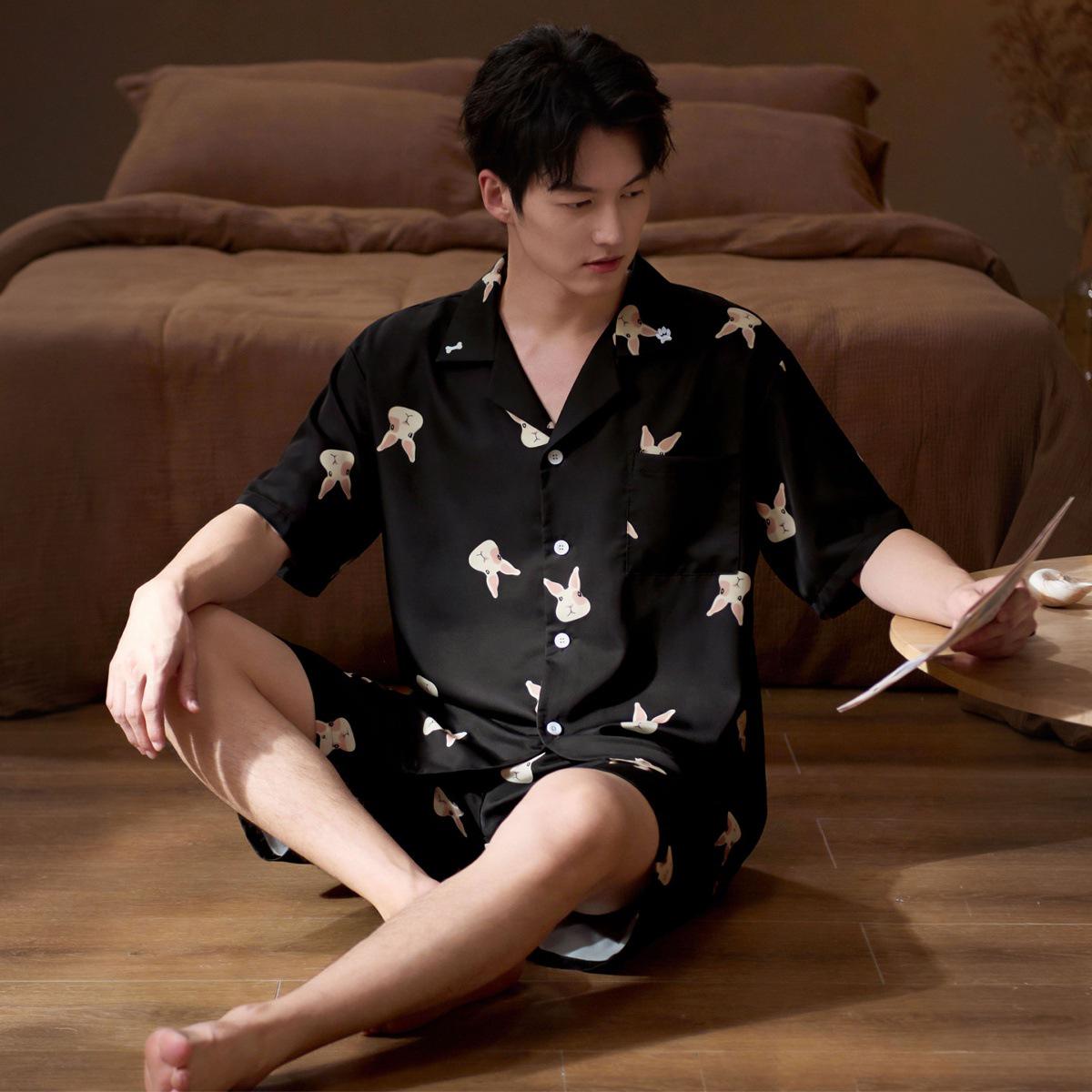 Men s Ice Silk Long Sleeve Pajama Set for Spring & Autumn - Outdoor & Home Wear 2XL