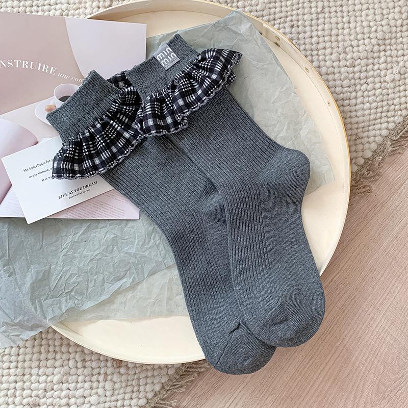 

Носки до середины икры для женщин на осень, Двухигольные носки до середины икры для женщин, Кружевные клетчатые тканевые этикетки махровые носки 1 pair темно-серого