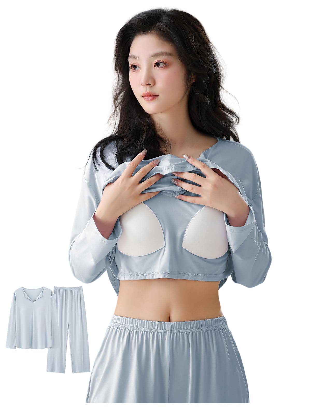 

OLATONG Модал с длинным рукавом с внутренним бюстгальтером 5A Кондиционер Комфортный Свободный Милый Верх и Низ Подходит для и Осени Женский Легкий, Пижама, синий