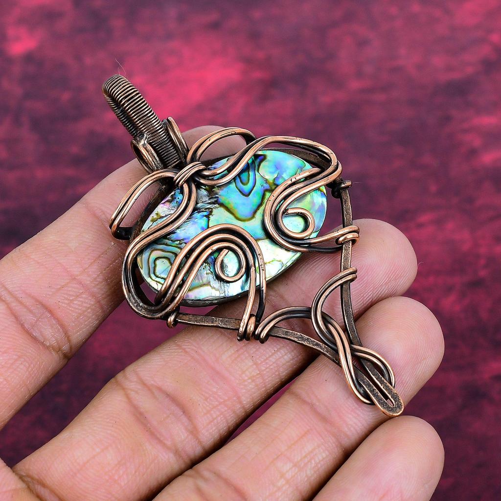 Abalone Shell Gemstone Pendant Copper Wire Wrapped Handmade Jewelry