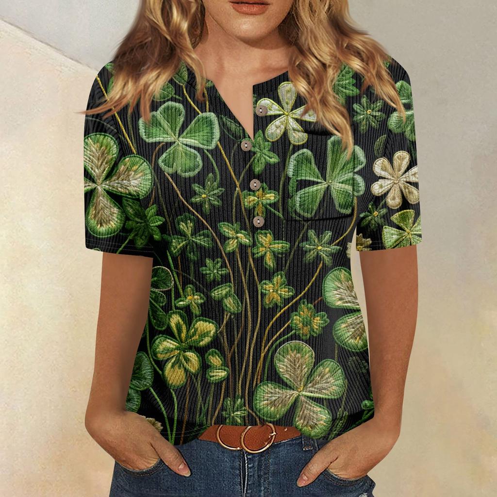 T-Shirts für Damen, plissiert, V-Ausschnitt, elegant, lässig, Blusen, bedruckt, kurzärmelig, Sommeroberteile, lockere Passform