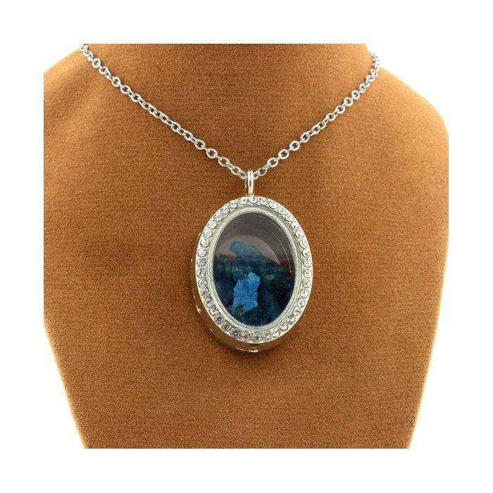 Pierres et Minéraux. Collier Apatite bleu neon brut. Modèle ovale.