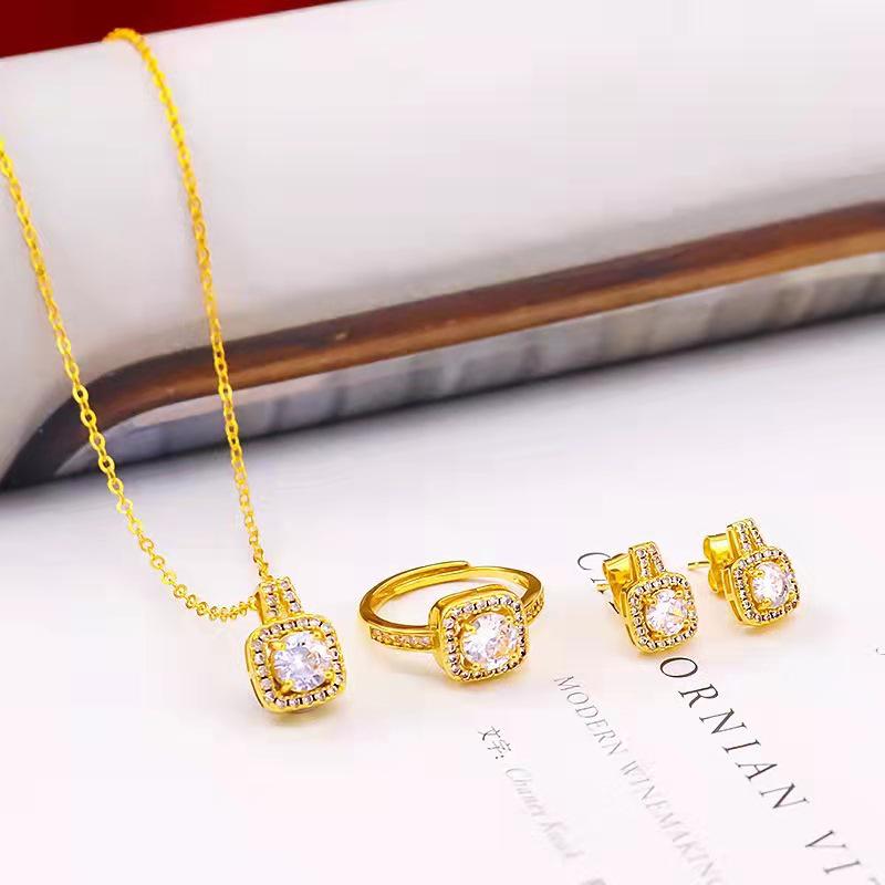 Three-Piece Zircon Gold Jewelry Set: Women's Earrings, Ring, and Necklace