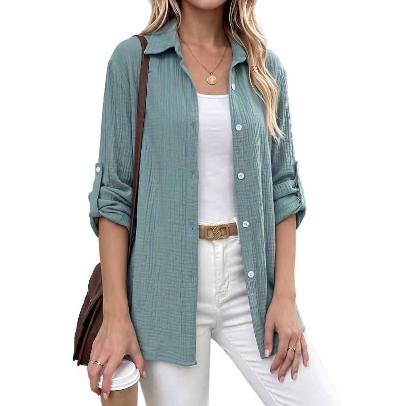 Womens Casual Button Up Long Sleeve Roll Tab Sleeve Shirt