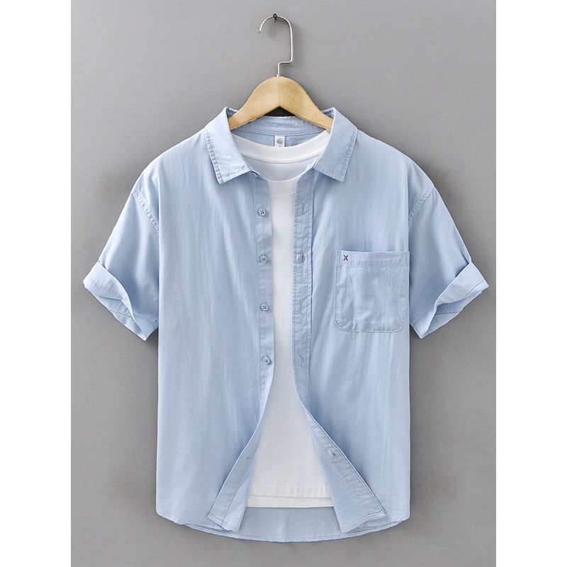 100% Cotton Short-Sleeved Shirt for Men, Japanese Style, Artistic Embroidery, Washed Pure Cotton Casual Shirt, Summer 2025 New Style