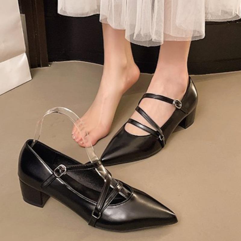 Square Heel Shoes Summer New Pointed Head Shallow Mouth Cross Thin Belt Metal Buckle Anti-slip Wear-resistant Heel Shoes