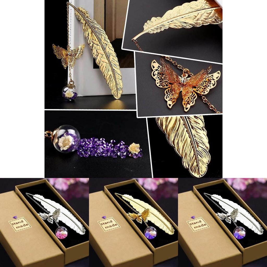 Vintage Metal Butterfly Feather Bookmark With Realistic 3d Pendant