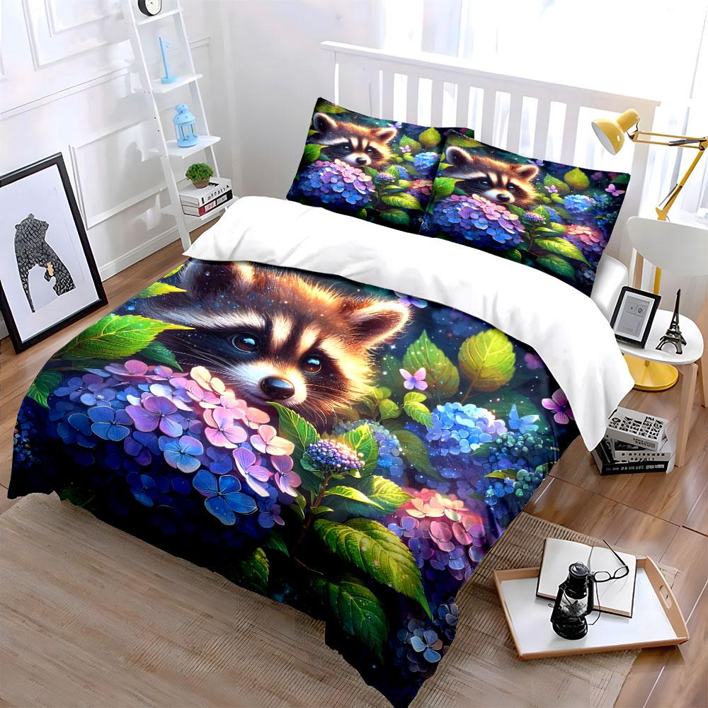 Whimsical Raccoon In Floral Wonderland Exquisite Three-Piece Bedding Set Gift For Kids And Adults
