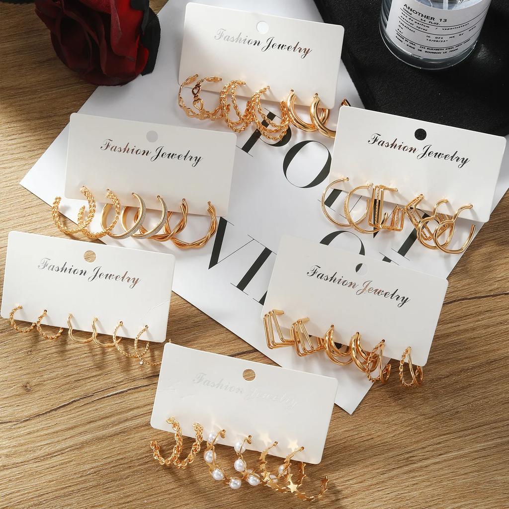 3 Pairs Boho Big Circle Hoop Earring Set for Women, Gold Color Vintage Pearl Earring