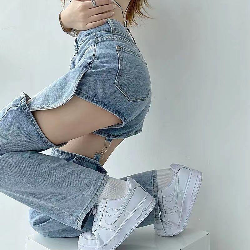 High Street Straight Fake Two Ripped Jeans Summer Women Blue Washed Zipper Removable Fashion High Waist Thin Loose Denim Pants