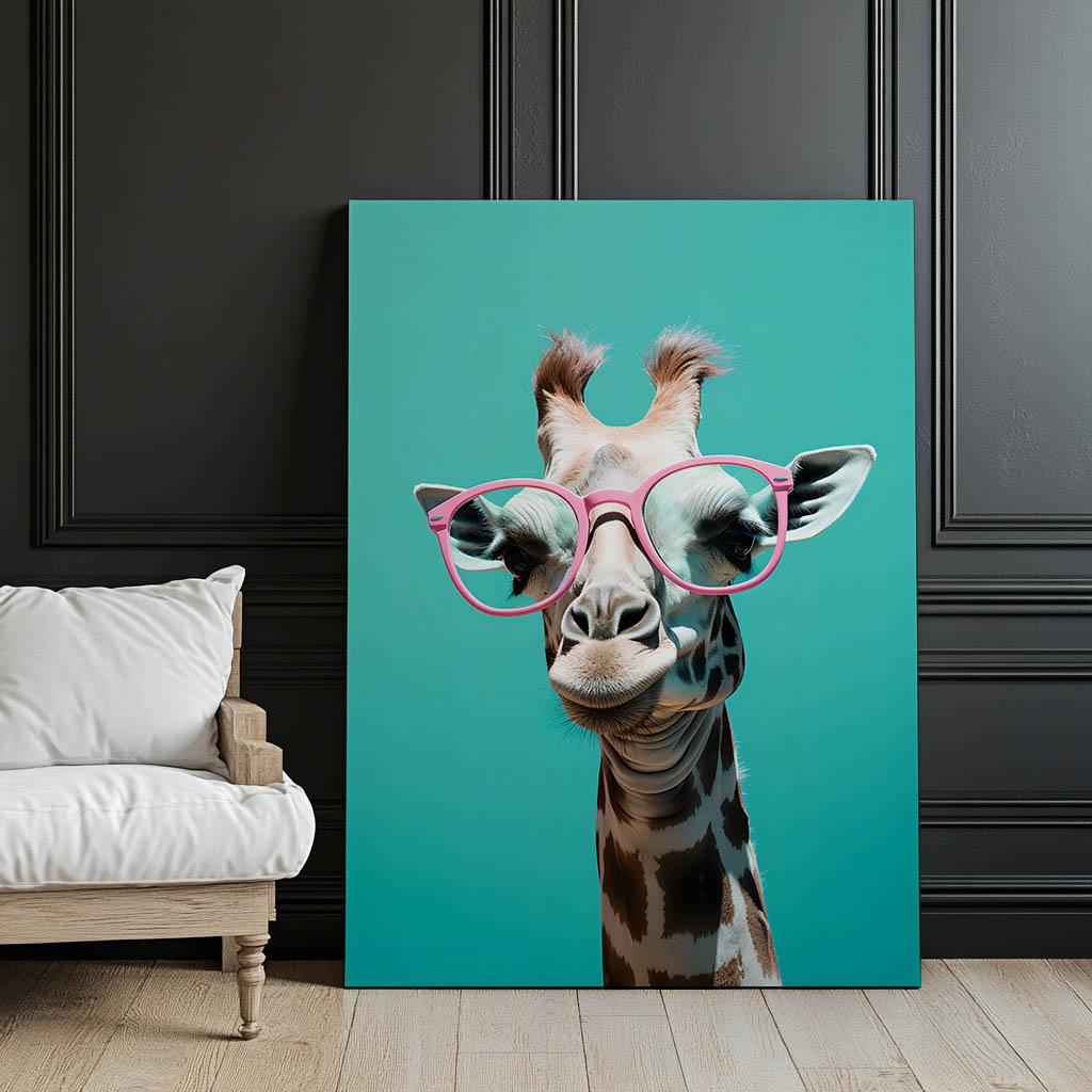 Giraffe mit rosa Brille Giraffe mit rosa Brille, 30x40 cm, ohne Rahmen, Premium-Leinwand auf Keilrahmen