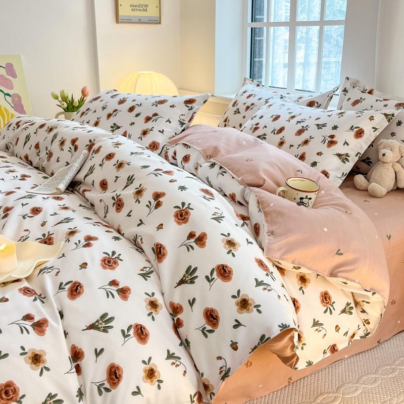 Washed Cotton 4Pcs Set, Spring And Autumn 1.8M Bed Sheet Double Quilt Set 3Pcs Home Textile