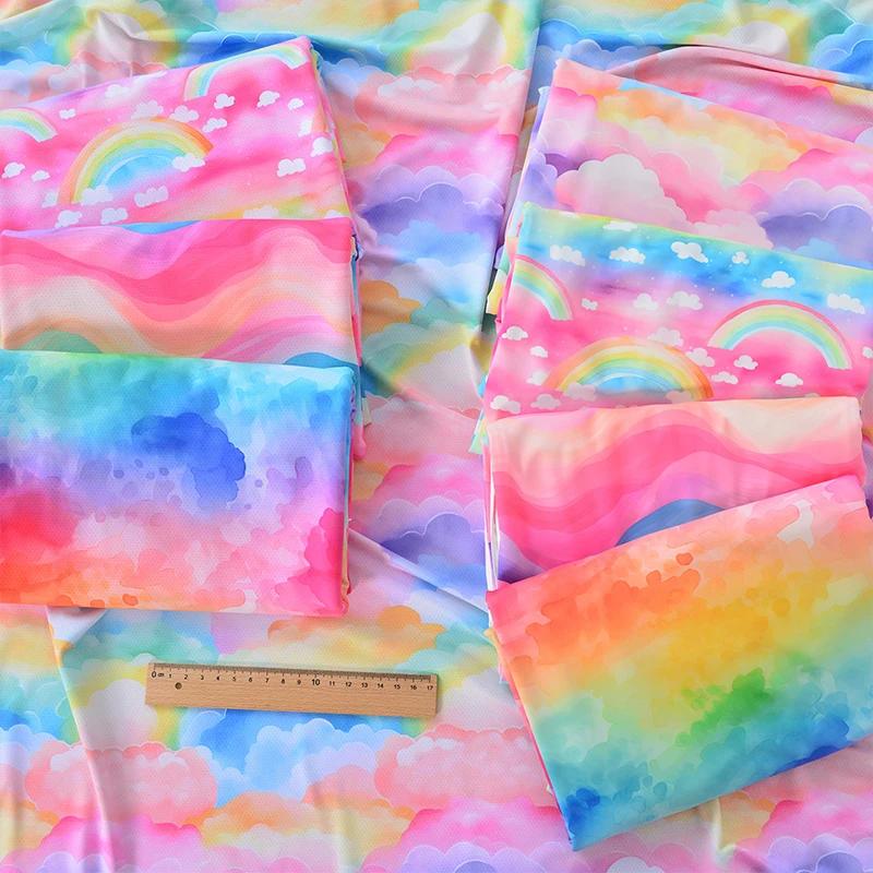 160X100Cm Colorful Rainbow Cloud Print Satin Fabric Diy Clothing Handmade Doll Dressmaking Plain Weave Fabric for Craft Sewing