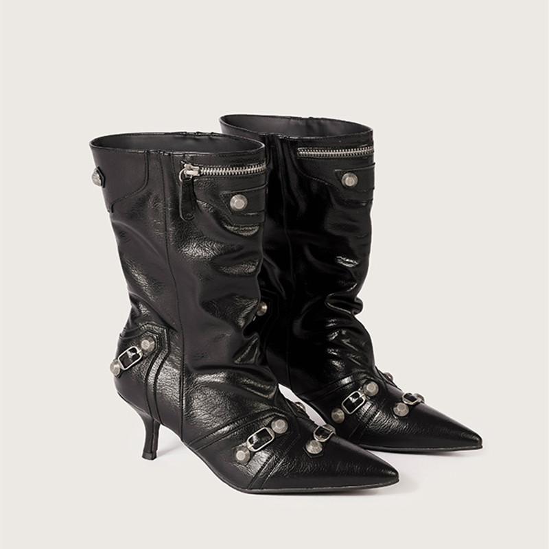 

Мода Осень Зима Мода Лакированная кожа Заклепка Женские Сапоги до колена Острый носок Средний каблук Винтаж Мотоциклетный Панк Длинные Сапоги Обувь 40
