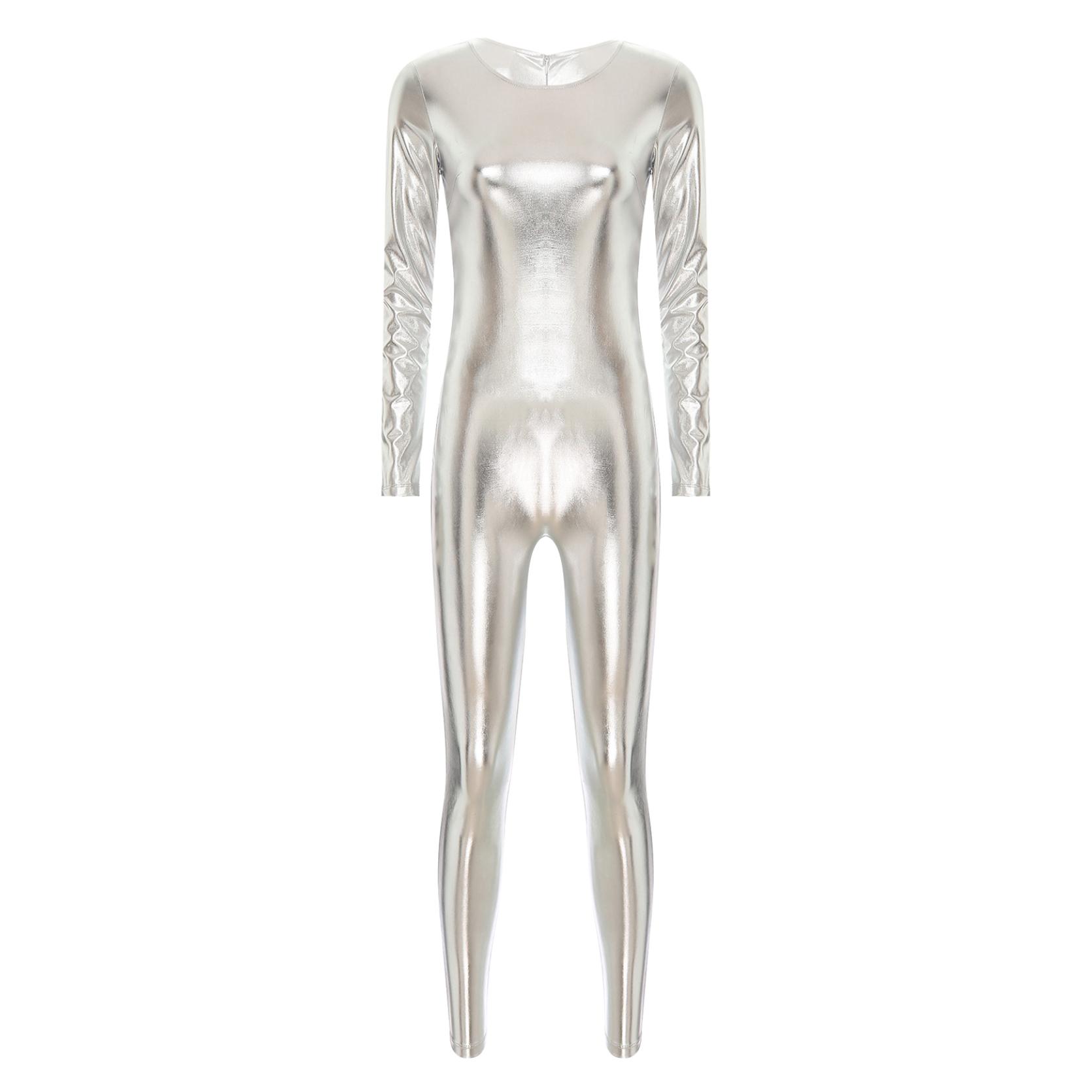 

Женский цельный комбинезон с круглым вырезом и длинными рукавами металлик, праздничный комбинезон для всего тела L серебряный