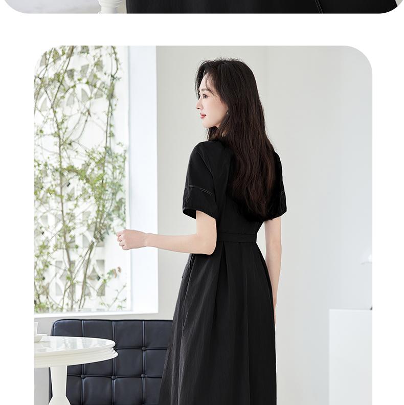 Summer new French style high-end V-neck with visible thread design, tie up, waist cinching, slimming effect, slit, lightweight and cool dress