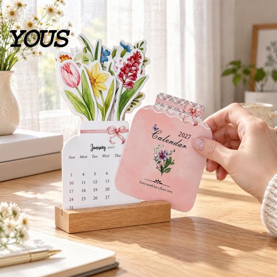 Daily Schedule Planner 2027 Flower Desk Calendar, English Tabletop Calendar with Wooden Base, Cute Stationery Gift Floral & Cat Decorative for Office