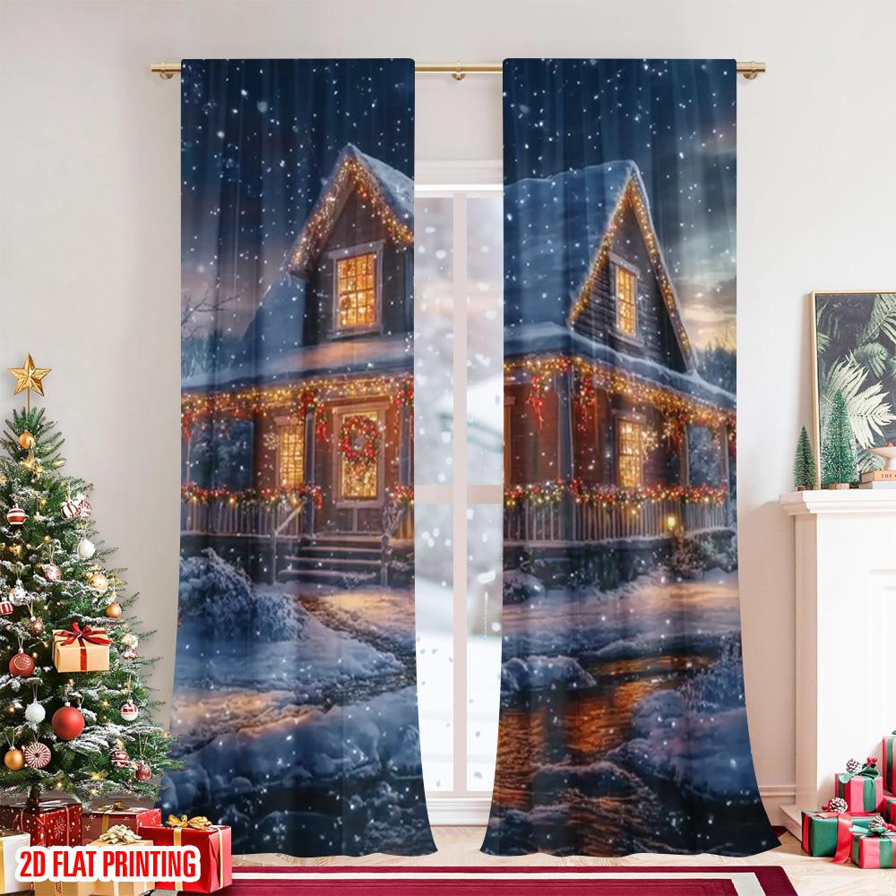 Set Of 2 Flat Printing Merry Christmas Curtain Lodge Snowman Scenery Versatile Polyester Without Electricity