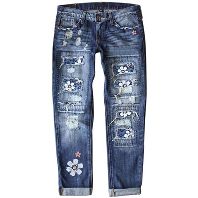 Damen-Jeans mit blauem Blumenmuster, Stretch, hohe Taille, Hose, Patch, zerrissene, zerstörte Denim-Hosen, Röhrenhose