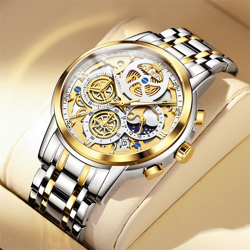 OLEVS Luxury Gold Steel Watch Men Luminous Moon Phase High Quality Sports Watches Imitation Mechanical Style Male Wrist Watch
