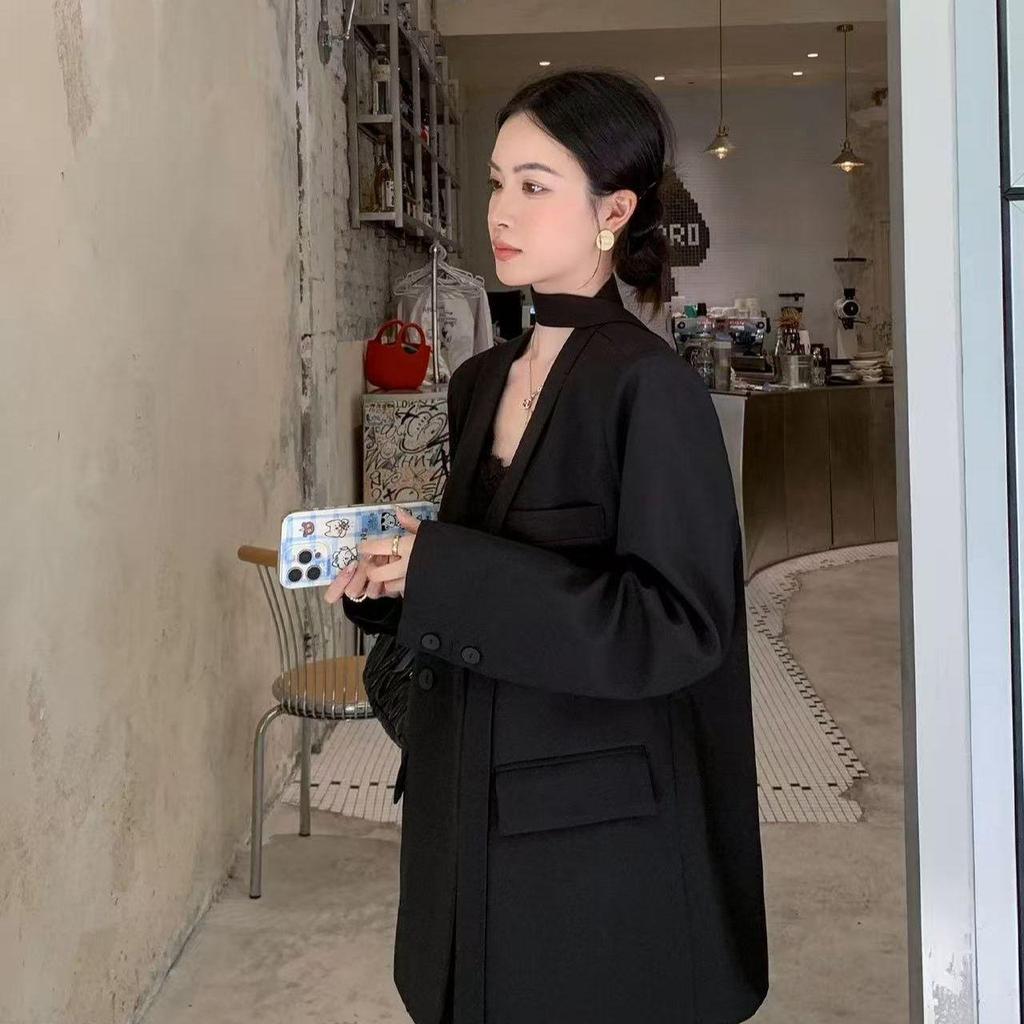 Elegant Belted Casual Blazer Women Spring Autumn Loose Fit Tied Sleeve Slimming Office Suit