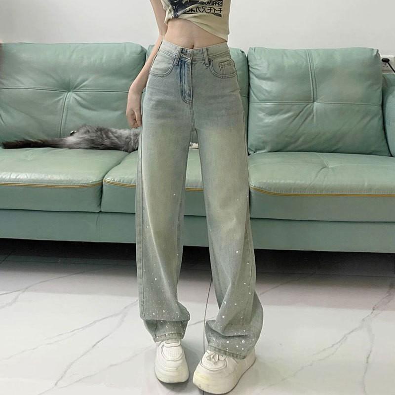 Wide Leg High Waist Relaxed Fit Denim Pants Women Plus Size Light Washed Cotton Blend Straight Trousers XS