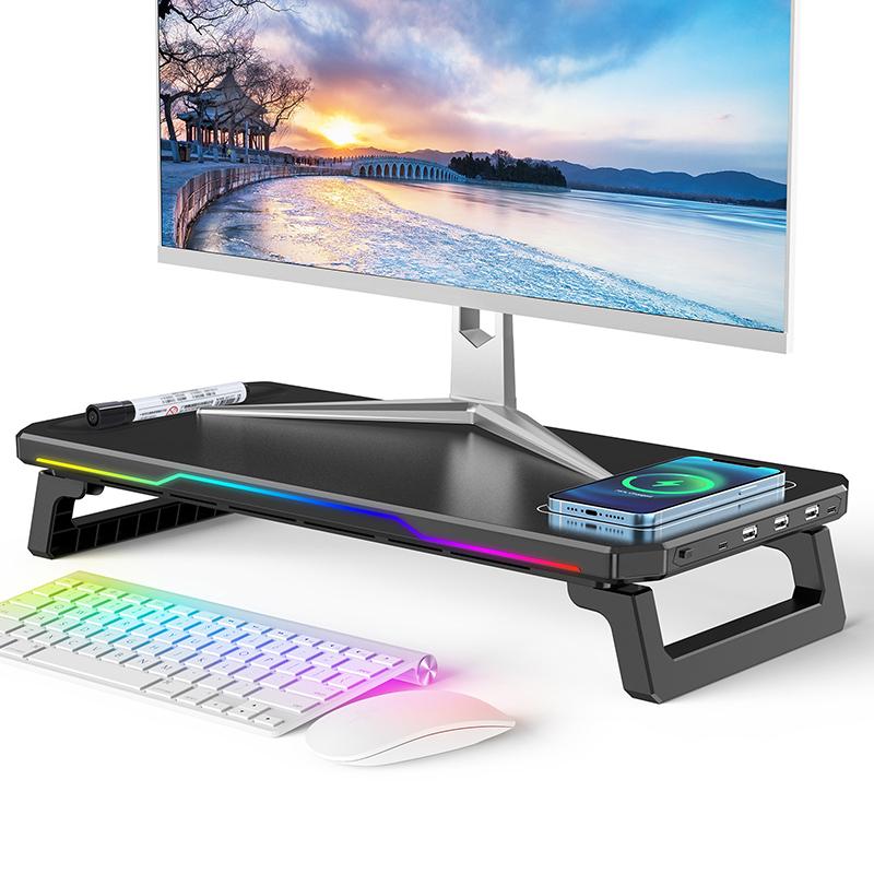 Schreibtisch-PC-Monitorständer Halterung Computerbildschirm Erhöhung Halter USB-HUB Mit RGB-Atmosphärenlampe Maus Tastatur Aufbewahrungs Organizer